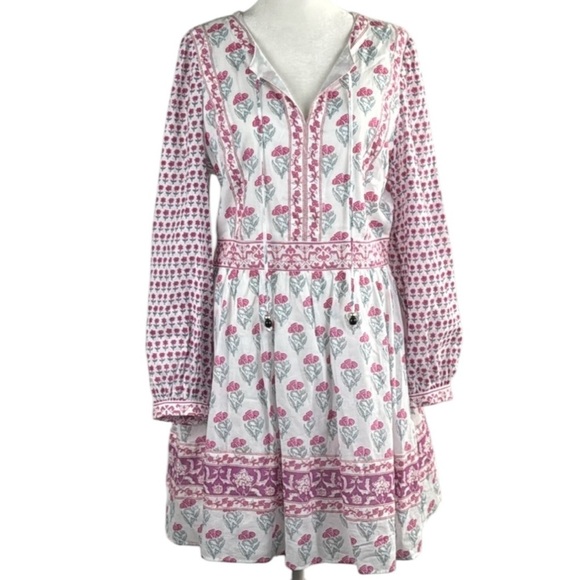 HAUTE HIPPIE COTTON FLORAL BOHO TIE FRONT MINI DRESS SIZE LARGE - Picture 1 of 12